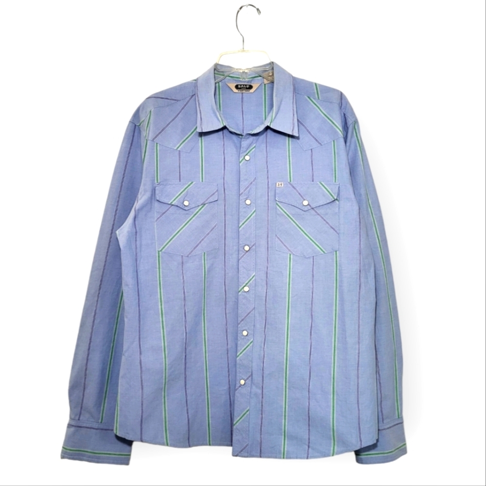 SALT Valley Western Vintage Blue Striped Pearl Snap Long-sleeve XL
